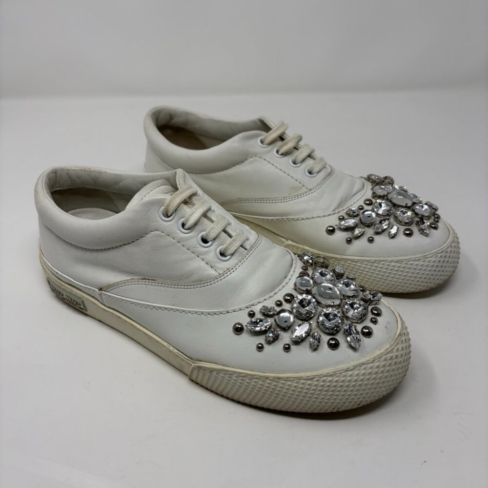 Miu Miu Sneaker Womens 38 / US 7.5 White Crystal Embellishment Leather Low Top
